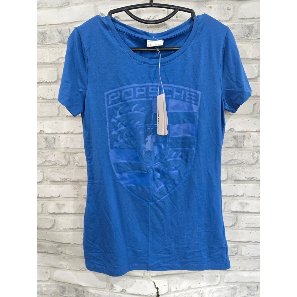 Porsche Driver's Selection Women's M Blue Stuttgart Crest Rhinestone Logo Tee